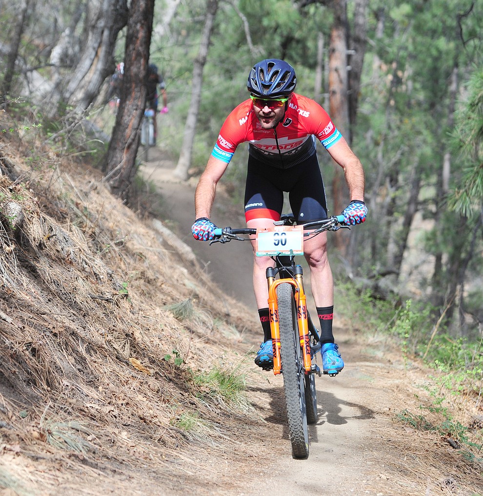 Travis Woodruff on trail 48 during the Whiskey Off Road 50 mile professional race in Prescott Sunday, April 29, 2018. (Les Stukenberg/Courier)