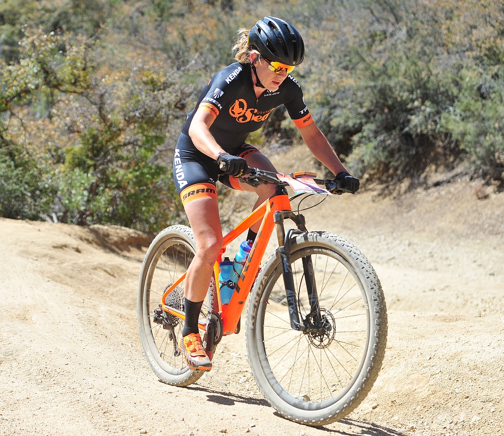 Amy Beisel on the 53 FS Road during the Whiskey Off Road 50 mile professional race in Prescott Sunday, April 29, 2018. (Les Stukenberg/Courier)