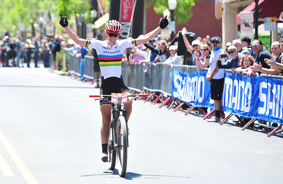 World Champion Annika Langvad wins the women's race during the Whiskey Off Road 50 mile professional race in Prescott Sunday, April 29, 2018. (Les Stukenberg/Courier)