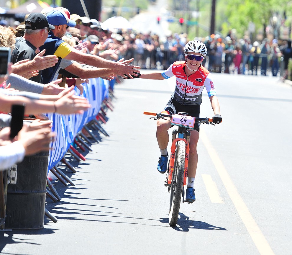 Chloe Woodruff finishes a hard fought second during the Whiskey Off Road 50 mile professional race in Prescott Sunday, April 29, 2018. (Les Stukenberg/Courier)