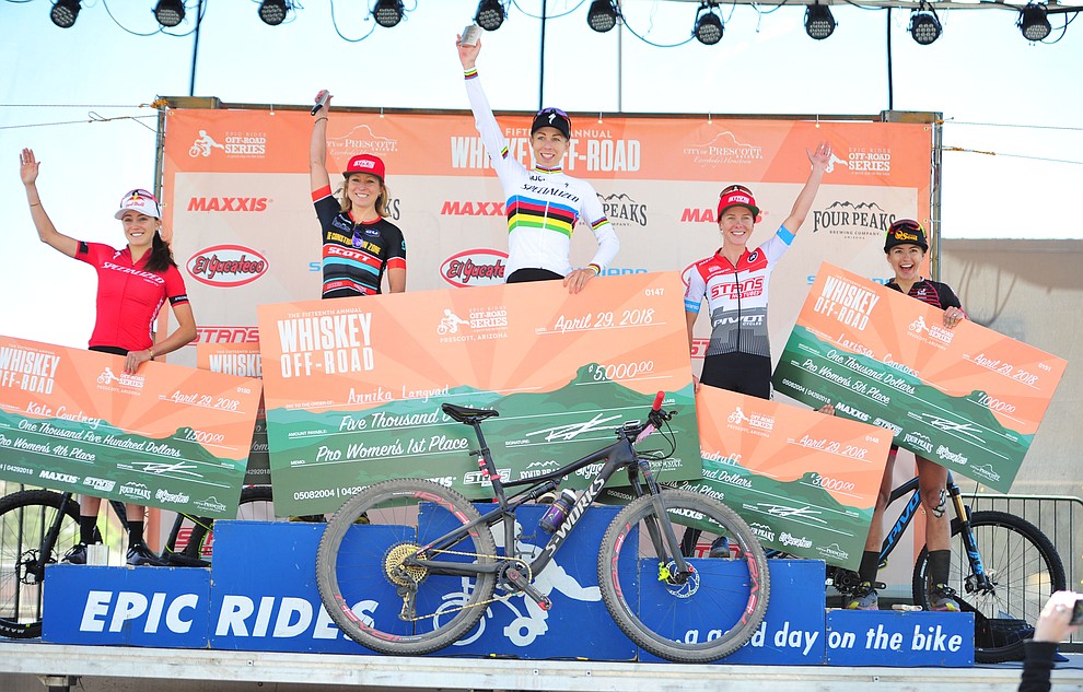 Women's podium following the Whiskey Off Road 50 mile professional race in Prescott Sunday, April 29, 2018. (Les Stukenberg/Courier)