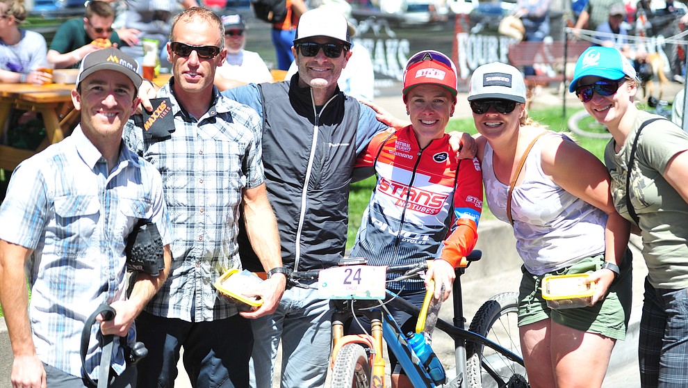 Tim Racette, Trevor Olson, Chloe Woodruff, Evie Racette and Karleen Olson join Todd Sadow following the Whiskey Off Road 50 mile professional race in Prescott Sunday, April 29, 2018. (Les Stukenberg/Courier)