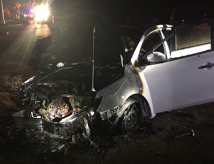 According to a Prescott Police Department report, distracted driving caused a driver to plow his vehicle into the newly constructed roundabout on Highway 89 in front of the Phippen Museum late Sunday night, April 29. (Prescott Police Department) 