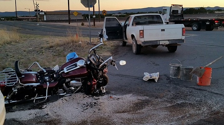 The riders of a maroon 2017 Harley Davidson both died after the motorcycle collided with a 1991 Dodge Dakota pick-up in Seligman Thursday afternoon, May 3. (Yavapai County Sheriff’s Office/Courtesy)
