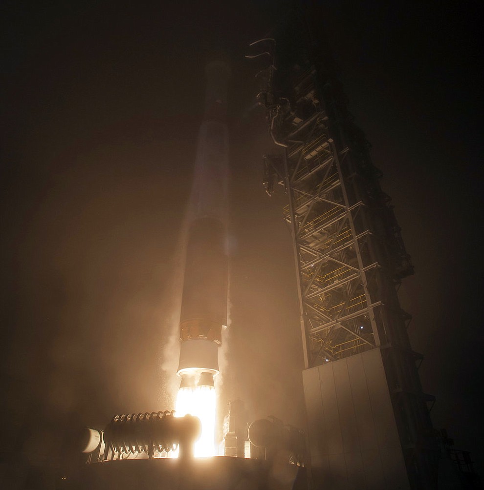 This image provided by NASA, InSight spacecraft launches onboard a United Launch Alliance Atlas-V rocket, Saturday, May 5, 2018, from Vandenberg Air Force Base, Calif. InSight, short for Interior Exploration using Seismic Investigations, Geodesy and Heat Transport, is a Mars lander designed to study the "inner space" of Mars. (Bill Ingalls/NASA via AP)