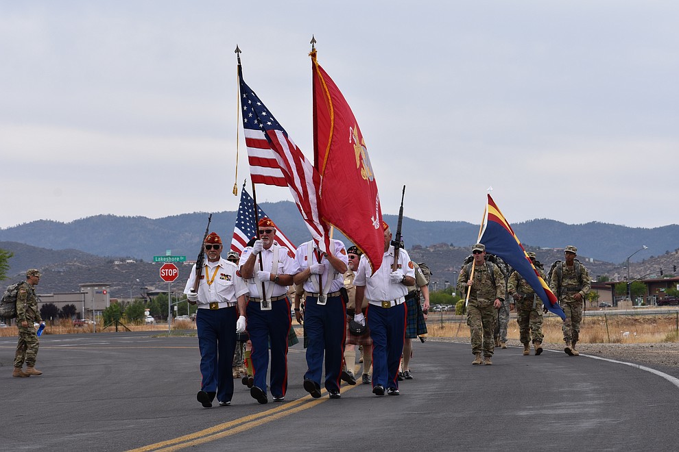 The Marine Corps League Honor Guard heads up a parade for National Guard Infantry Unit Charlie Company 1st Battalion-158 in honor of the company’s anticipated deployment to Afghanistan. The parade took place in Prescott Valley on Sunday, May 6, 2018. (Richard Haddad/WNI)