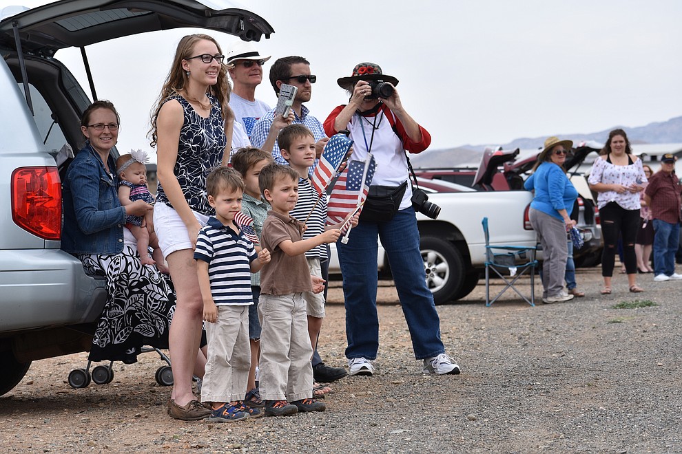 Military families and other members of the public cheer on National Guard Infantry Unit Charlie Company 1st Battalion-158 as they parade around the Civic Center in Prescott Valley on Sunday, May 6, 2018 in anticipation of their deployment to Afghanistan. (Richard Haddad/WNI)