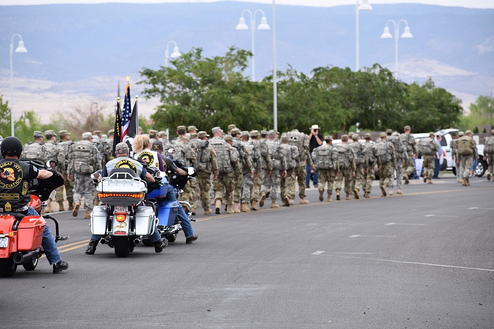 Local motorcyclists and veterans joined a military parade in Prescott Valley Sunday, May 6, 2018 to honor National Guard Infantry Unit Charlie Company 1st Battalion-158 in anticipation of their deployment to Afghanistan. (Richard Haddad/WNI)