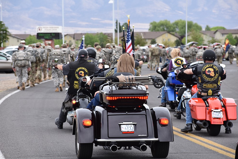 Local motorcyclists and veterans joined a military parade in Prescott Valley Sunday, May 6, 2018 to honor National Guard Infantry Unit Charlie Company 1st Battalion-158 in anticipation of their deployment to Afghanistan. (Richard Haddad/WNI)