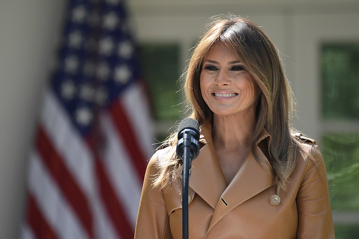 First lady Melania Trump speaks on her initiatives during an event in the Rose Garden of the White House, Monday, May 7, 2018, in Washington. The first lady gave her multipronged effort to promote the well-being of children a minimalist new motto: "BE BEST." The first lady formally launched her long-awaited initiative after more than a year of reading to children, learning about babies born addicted to drugs and hosting a White House conversation on cyberbullying. (AP Photo/Susan Walsh)

