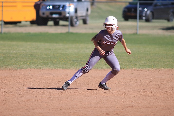 Rylie Heap returns to base in an earlier season game. The Lady Vikes made it to the semifinals of the 1A State tournament before losing to Superior 12-5.