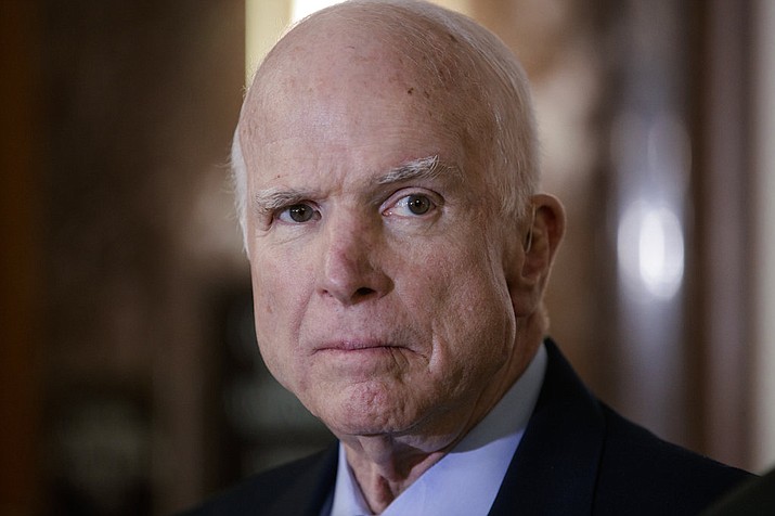 In this Oct. 25, 2017 file photo, Senate Armed Services Chairman John McCain, R-Ariz., pauses before speaking to reporters during a meeting of the National Defense Authorization Act conferees, on Capitol Hill in Washington. A White House official dismissed a view expressed by Sen. McCain about President Donald Trump's CIA nominee, saying Thursday, May 10, 2018, at a staff meeting that "it doesn't matter" because "he's dying anyway," two people in the room told The Associated Press. Kelly Sadler was discussing McCain's opposition to Trump's pick for CIA director, Gina Haspel, when she made the comment. (AP Photo/J. Scott Applewhite, File)

