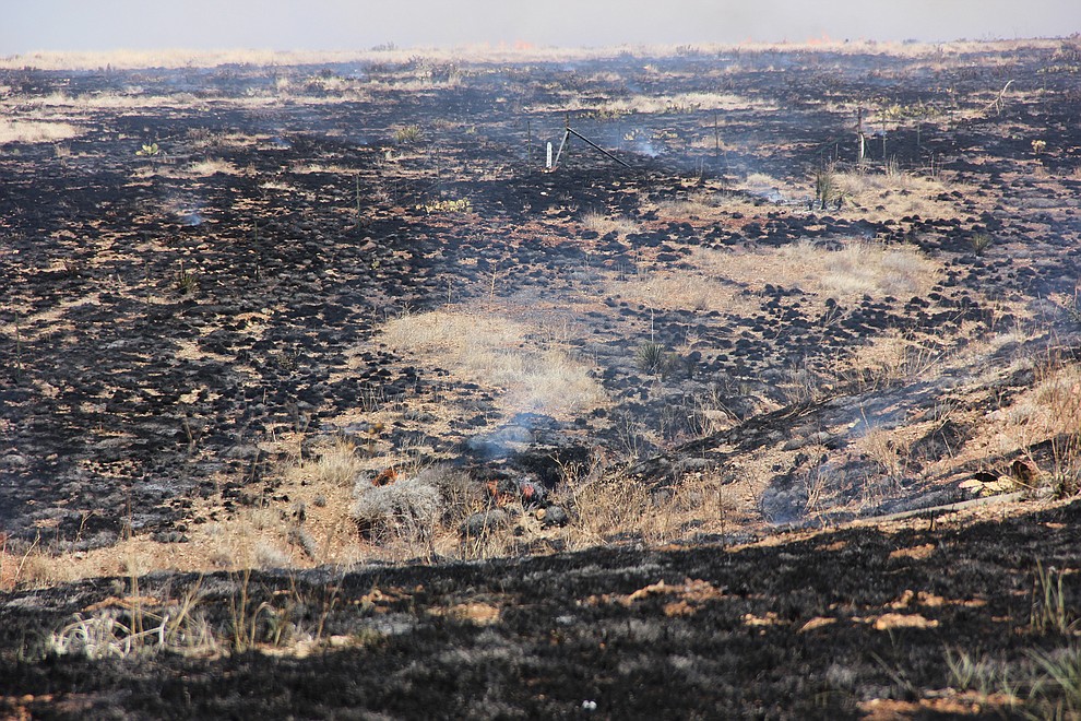 Land burned by a wildland fire just south of Fain Road in Prescott Valley on Monday, May 14, smolders as firefighter crews try to contain the fire’s perimeter.  (Max Efrein/Courier)