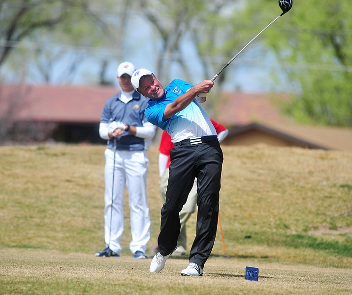 Embry-Riddle golf's Matt Andrews tees off on the 10th hole during the ERAU Spring Invite at the Antelope Hills Golf Course in Prescott on March 7, 2016. Andrews moved up to 54th place, after a strong second round, at the NAIA National Championships Wednesday in Illinois. (Les Stukenberg/Courier, file)