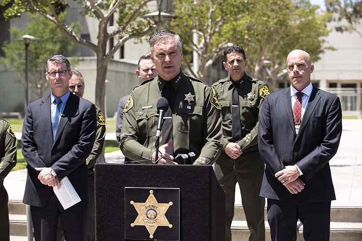Orange County Undersheriff Don Barnes speaks to the media on Wednesday, May 16, 2018, at Orange County Sheriff's headquarters in Santa Ana, Calif., regarding a fatal explosion at an Aliso Viejo medical building the previous day. (Paul Bersebach/The Orange County Register via AP)


