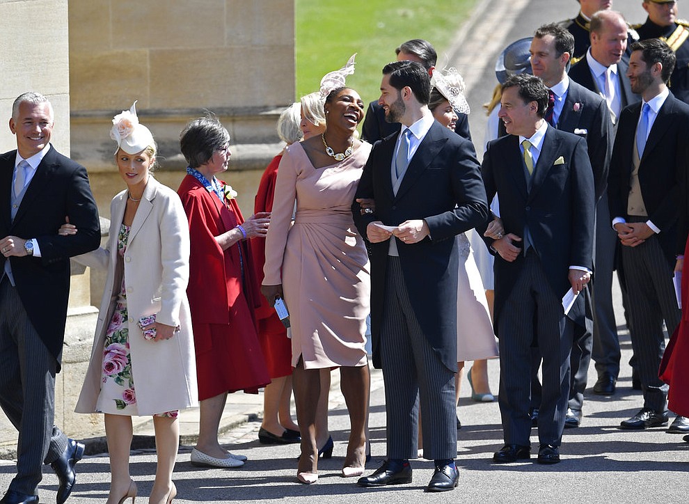 Serena Williams arrives with her husband Alexis Ohanian arrive for the wedding ceremony of Prince Harry and Meghan Markle at St. George's Chapel in Windsor Castle in Windsor, near London, England, Saturday, May 19, 2018. (Toby Melville/pool photo via AP)