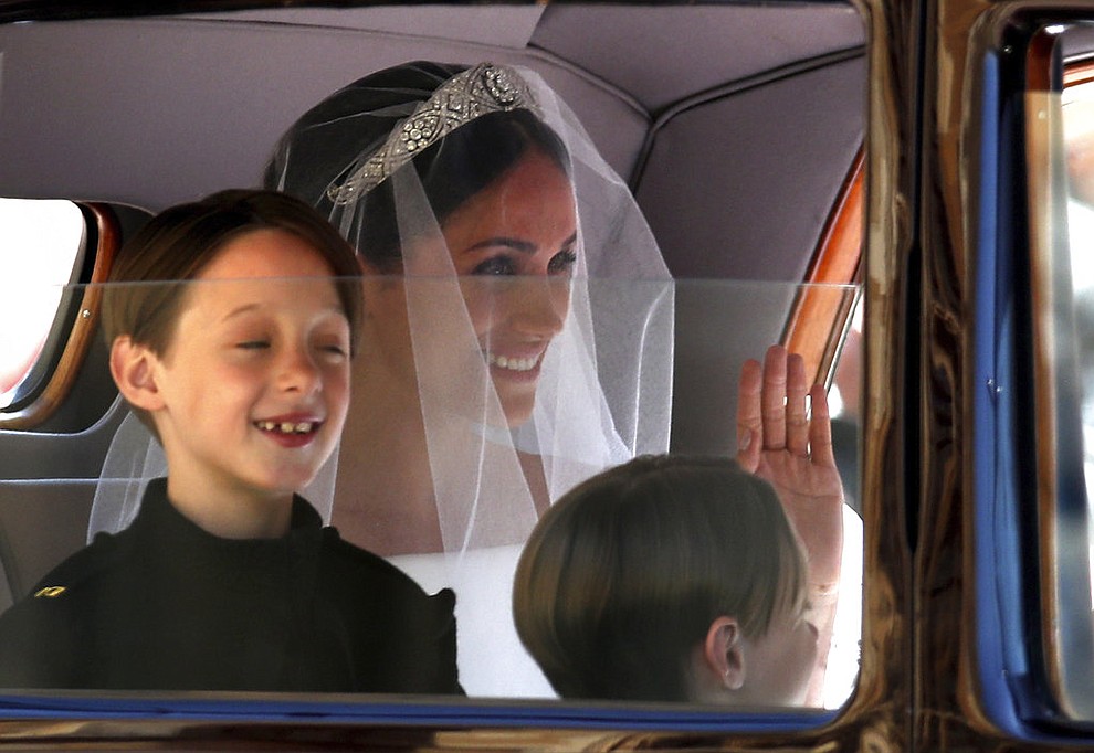 Meghan Markle arrives for the wedding ceremony at St. George's Chapel in Windsor Castle in Windsor, near London, England, Saturday, May 19, 2018. (Chris Radburn/pool photo via AP)