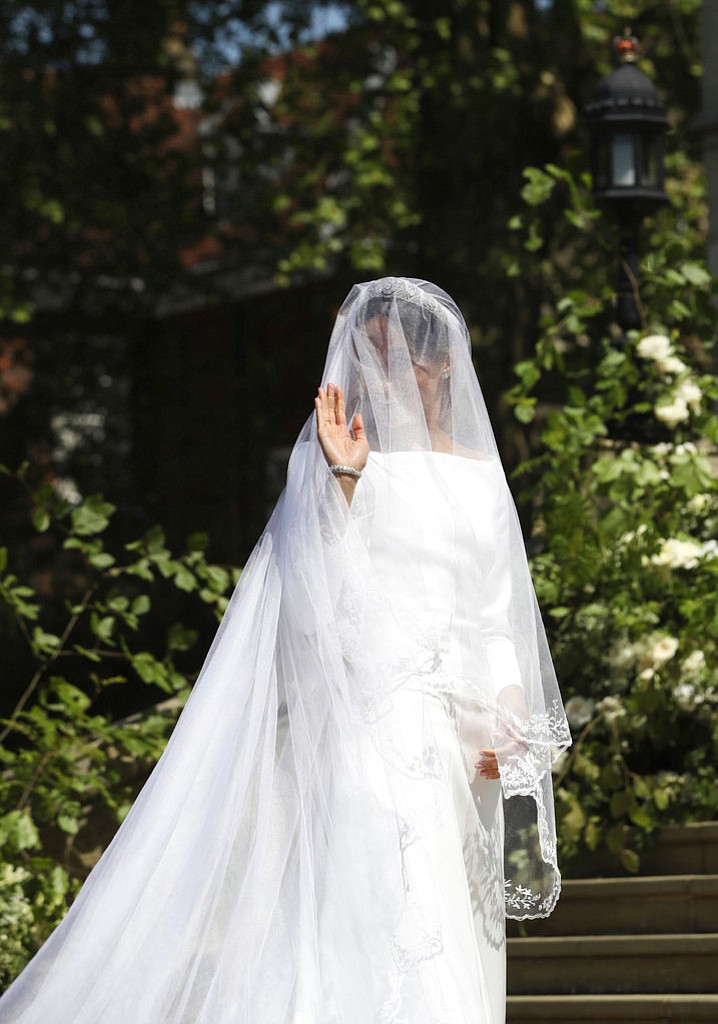 Meghan Markle and her bridal party arrive for the wedding ceremony of Prince Harry and Meghan Markle at St. George's Chapel in Windsor Castle in Windsor, near London, England, Saturday, May 19, 2018. (Ben Birchhall/pool photo via AP)
