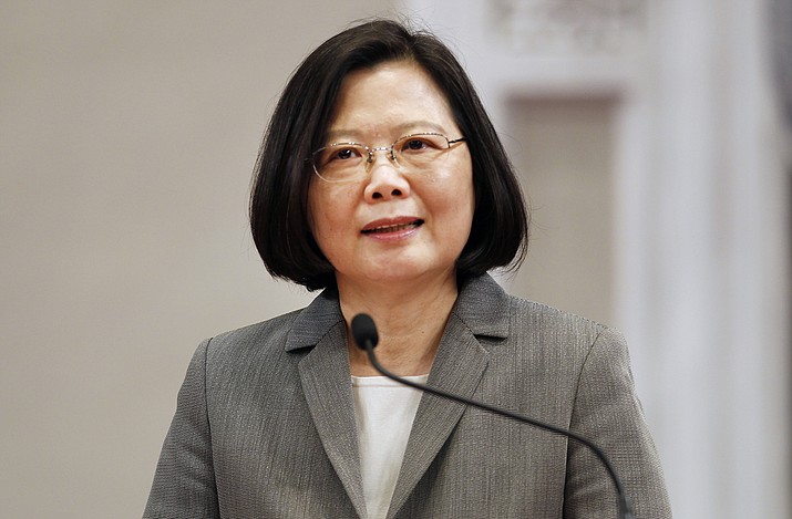 In this Wednesday, April 11, 2018, file photo, Taiwan President Tsai Ing-wen attends a press conference at the Presidential Office in Taipei, Taiwan. Tsai has pledged to step up security to respond to military threats from China. (AP Photo/Chiang Ying-ying)