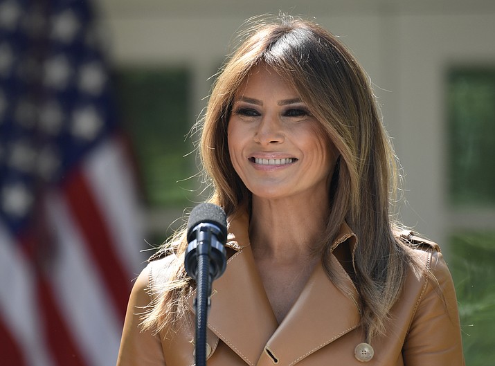 In this May 7, 2018 file photo, First lady Melania Trump speaks on her initiatives during an event in the Rose Garden of the White House in Washington. The White House says the first lady returned to the White House on Saturday, May 19. She had been at Walter Reed National Military Medical Center near Washington since having an embolization procedure Monday for an unspecified kidney condition that the White House said was benign. (AP Photo/Susan Walsh)

