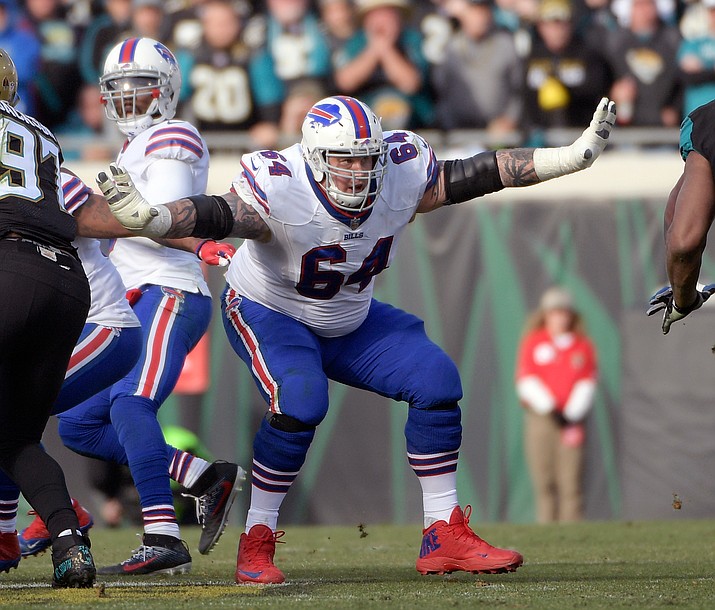 Buffalo Bills offensive guard Richie Incognito (64) sets up to block against the Jacksonville Jaguars defensive during the second half of an NFL wild-card playoff football game in Jacksonville, Fla, on Jan 7, 2018. Incognito is free to resume his career after the Bills released him from their reserve/retired list on Monday, May 21, 2018. (AP Photo/Phelan M. Ebenhack, file)