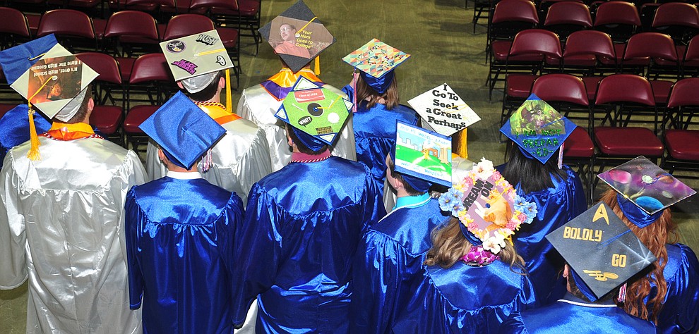 Decorated mortar boards before the Chino Valley Commencement held Wednesday, May 23, 2018 at the Prescott Valley Event Center. (Les Stukenberg/Courier)