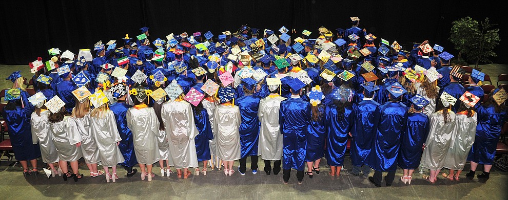 The Class of 2018 and their decorated mortar boards before the Chino Valley Commencement held Wednesday, May 23, 2018 at the Prescott Valley Event Center. (Les Stukenberg/Courier)