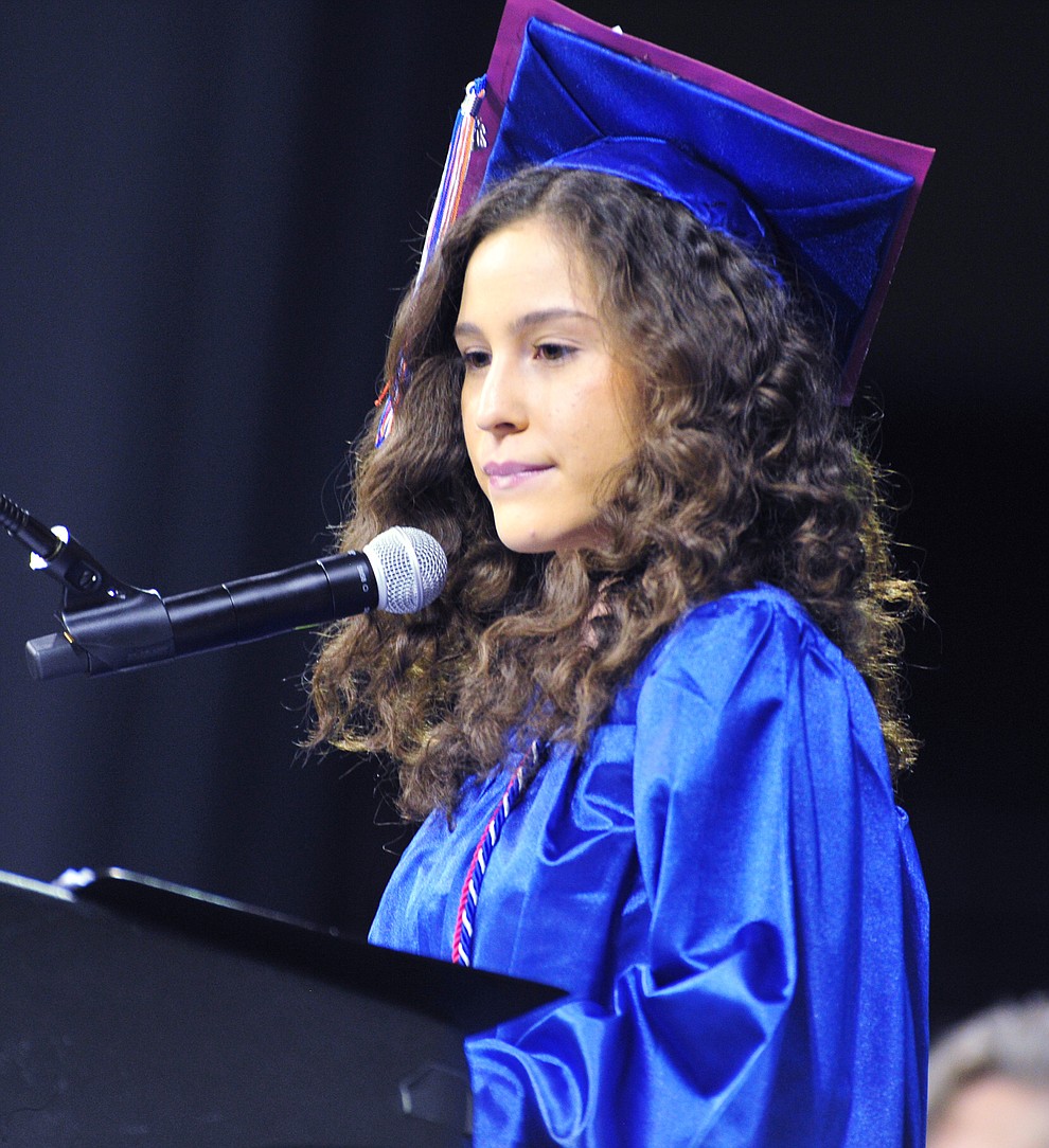 Student Body President Yenifer Gomez speaks at the Chino Valley Commencement held Wednesday, May 23, 2018 at the Prescott Valley Event Center. (Les Stukenberg/Courier)