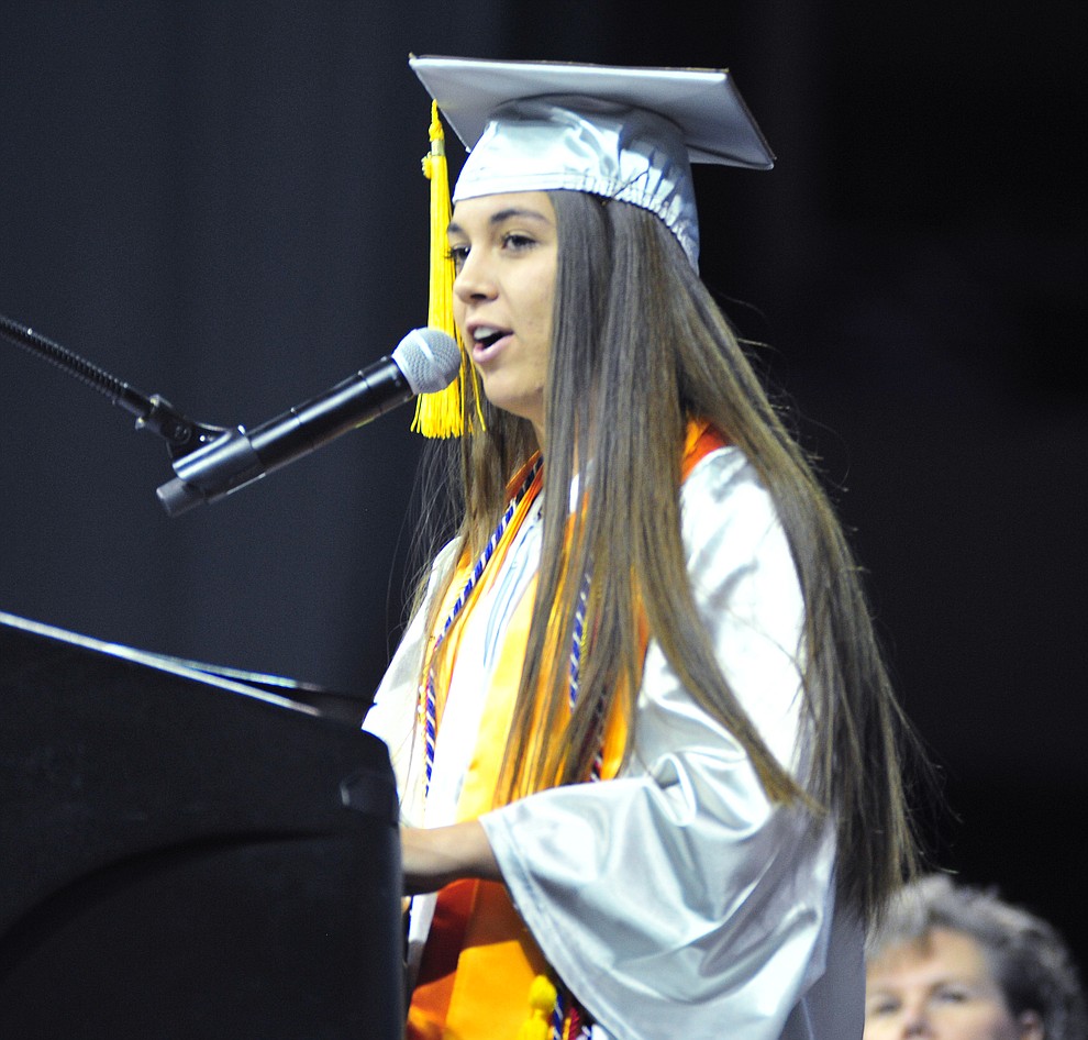 Senior Class President Rocky Rodriguez speaks at the Chino Valley Commencement held Wednesday, May 23, 2018 at the Prescott Valley Event Center. (Les Stukenberg/Courier)