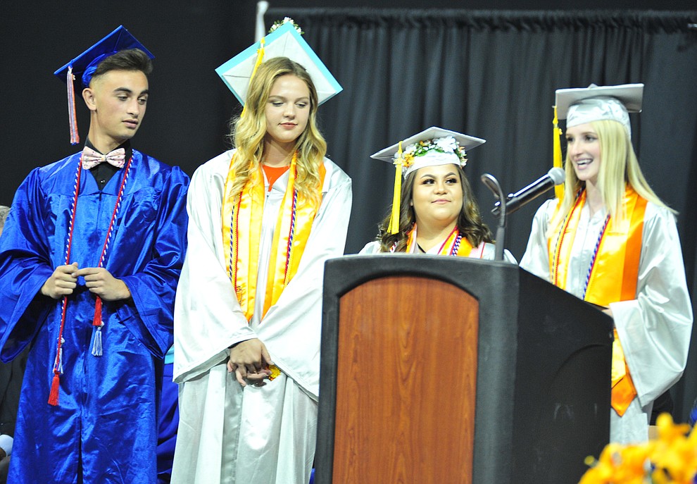 Student Council Seniors speak at the Chino Valley Commencement held Wednesday, May 23, 2018 at the Prescott Valley Event Center. (Les Stukenberg/Courier)