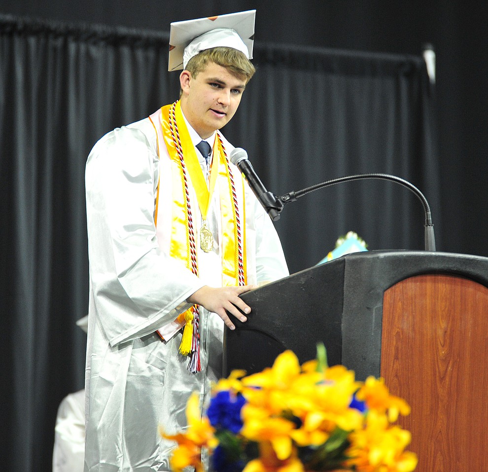 Salutatorian Chase Call speaks at the Chino Valley Commencement held Wednesday, May 23, 2018 at the Prescott Valley Event Center. (Les Stukenberg/Courier)