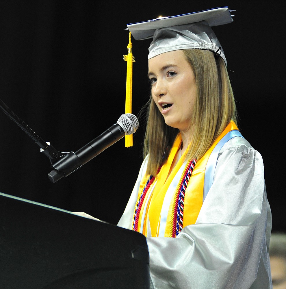 Valedictorian Alaina Rowitsch speaks at the Chino Valley Commencement held Wednesday, May 23, 2018 at the Prescott Valley Event Center. (Les Stukenberg/Courier)