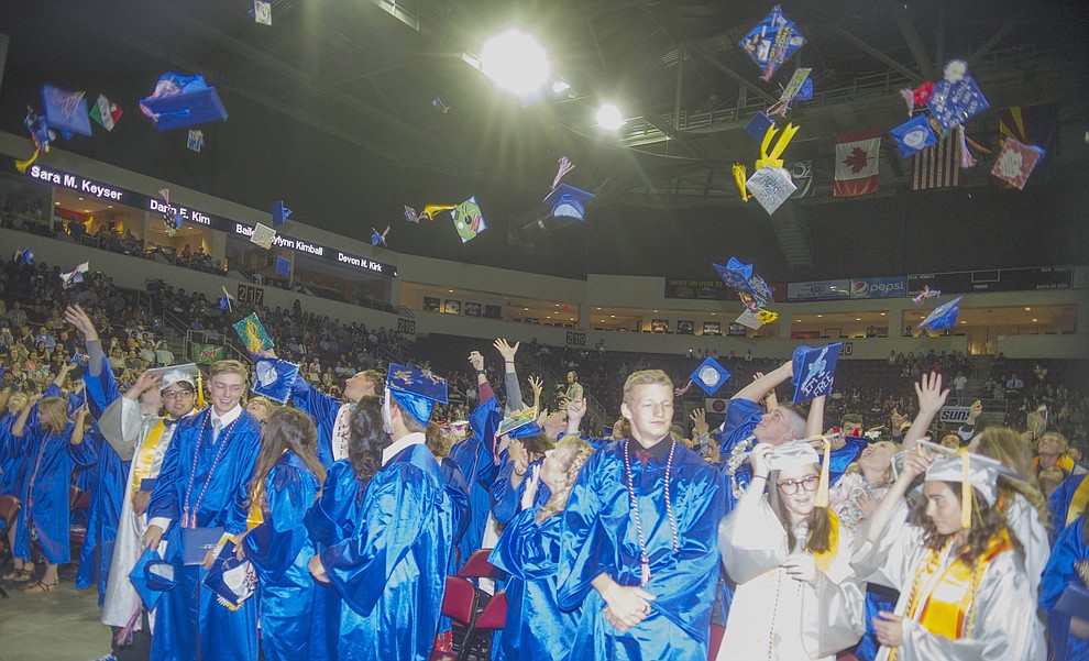 Mortar boards skyward at the Chino Valley Commencement held Wednesday, May 23, 2018 at the Prescott Valley Event Center. (Les Stukenberg/Courier)