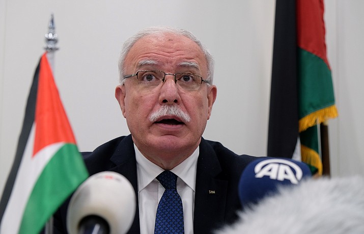 Palestinian Foreign Minister Riad Malki speaks during a press conference at the International Criminal Court on Tuesday May 22, 2018. The Palestinian foreign minister asked the International Criminal Court on Tuesday to open an “immediate investigation” into alleged Israeli “crimes” committed against the Palestinian people. (AP Photo/Mike Corder)

