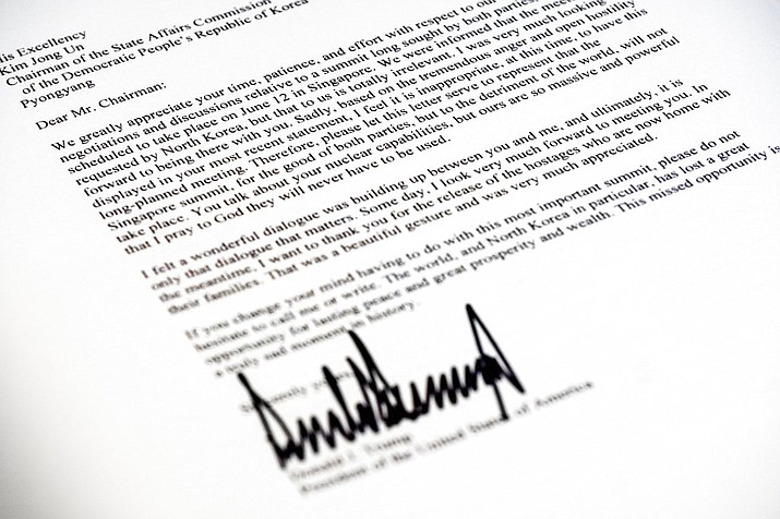 A copy of the letter sent to North Korean leader Kim Jong Un from President Donald Trump canceling their planned summit in Singapore is photographed in Washington, Thursday, May 24, 2018. (AP Photo/J. David Ake