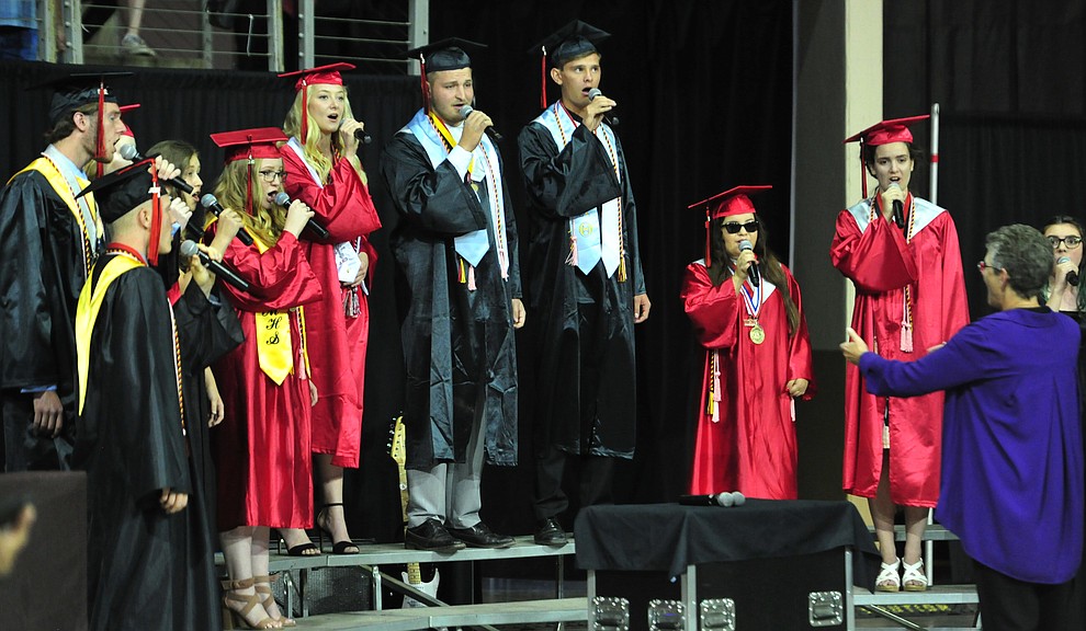 Chamber Choir sings the National Anthem during the 2018 Bradshaw Mountain High School Commencement Ceremony at the Prescott Valley Event Center Thursday, May 24, 2018. (Les Stukenberg/Courier)