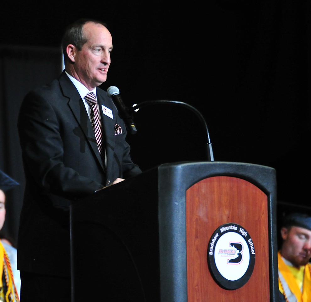 Principal Kort Miner speaks during the 2018 Bradshaw Mountain High School Commencement Ceremony at the Prescott Valley Event Center Thursday, May 24, 2018. (Les Stukenberg/Courier)