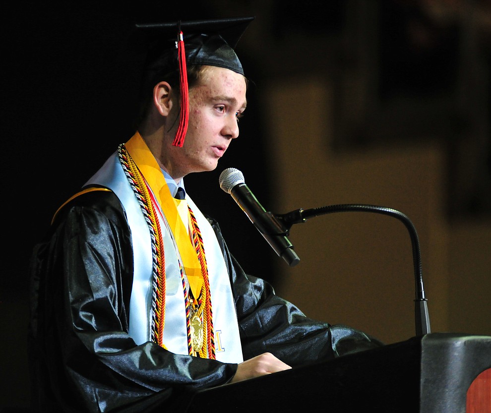Valedictorian Thaddeus Martin, 4.740 GPA, speaks during the 2018 Bradshaw Mountain High School Commencement Ceremony at the Prescott Valley Event Center Thursday, May 24, 2018. (Les Stukenberg/Courier)