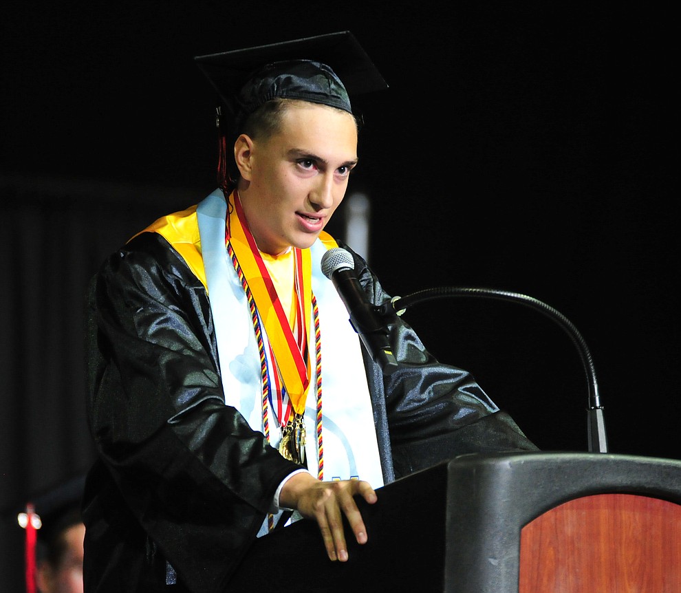Co-Salutatorian Aaron Massis speaks during the 2018 Bradshaw Mountain High School Commencement Ceremony at the Prescott Valley Event Center Thursday, May 24, 2018. (Les Stukenberg/Courier)