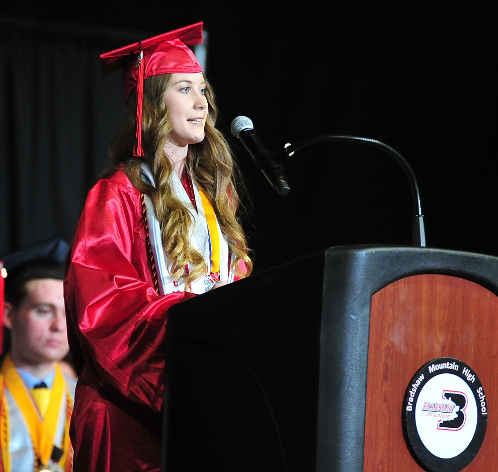 Student Body Vice President Michelle Danielson announces the senior gift, water bottle fillers to the school, during the 2018 Bradshaw Mountain High School Commencement Ceremony at the Prescott Valley Event Center Thursday, May 24, 2018. (Les Stukenberg/Courier)