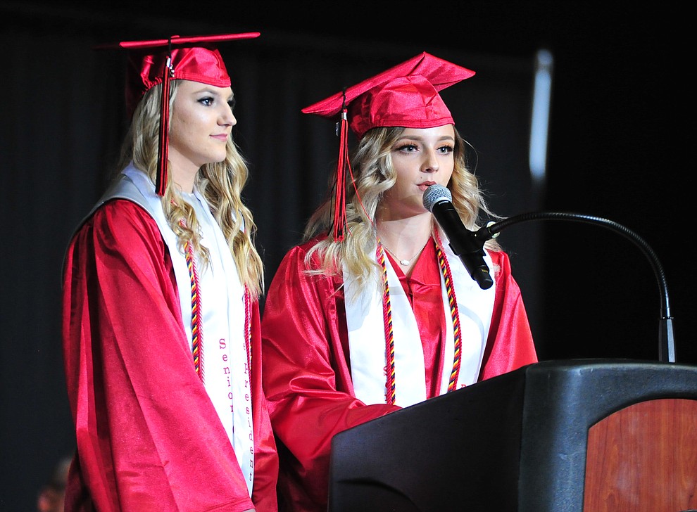 Senior class President and Vice President Trinity Walker and Shawntee Shegogue give "the rose talk" during the 2018 Bradshaw Mountain High School Commencement Ceremony at the Prescott Valley Event Center Thursday, May 24, 2018. (Les Stukenberg/Courier)