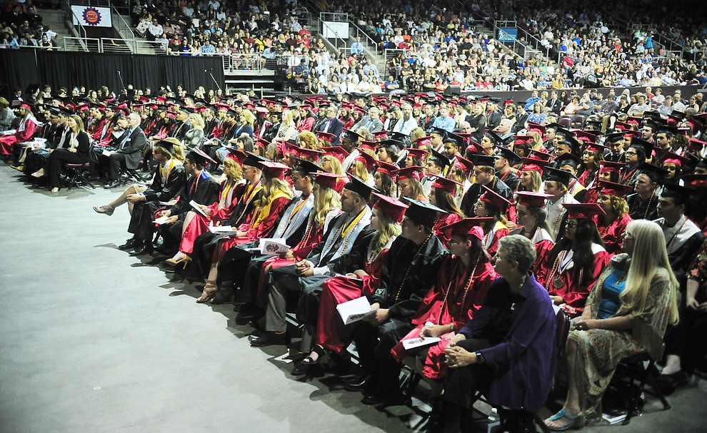 Soon to be graduates listen to a speaker during the 2018 Bradshaw Mountain High School Commencement Ceremony at the Prescott Valley Event Center Thursday, May 24, 2018. (Les Stukenberg/Courier)