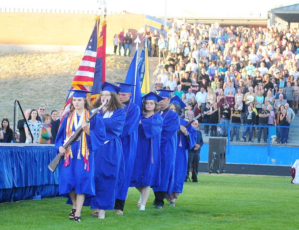 The Air Force JROTC presnts the colors during the 2018 Prescott High School Commencement Ceremony at the school Friday, May 25, 2018. (Les Stukenberg/Courier)