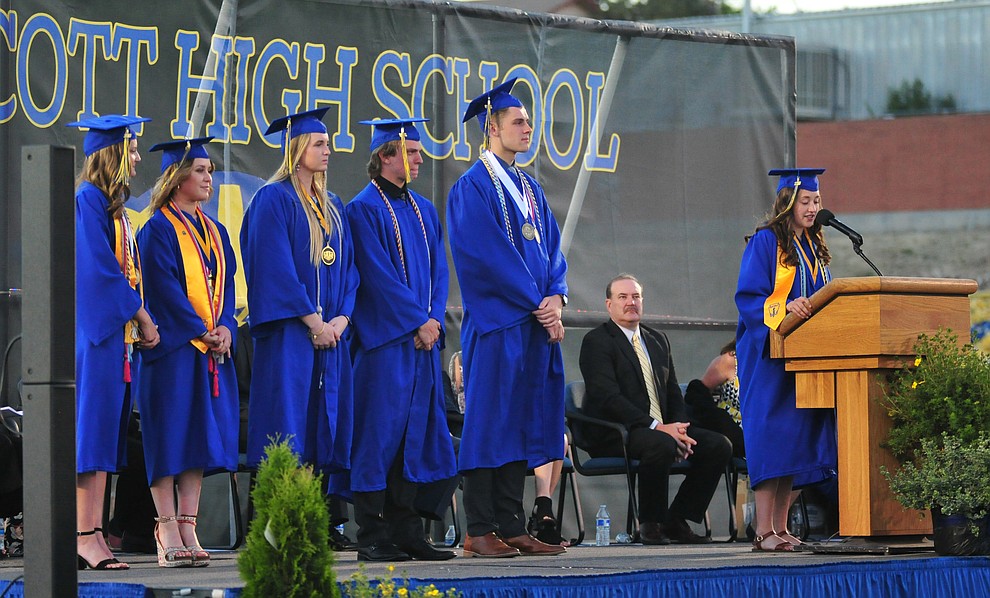 Student body and senior class officers speak during the 2018 Prescott High School Commencement Ceremony at the school Friday, May 25, 2018. (Les Stukenberg/Courier)