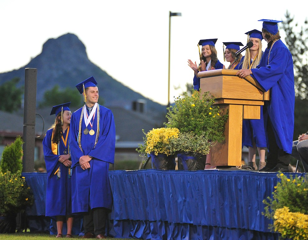 Student body and senior class officers speak during the 2018 Prescott High School Commencement Ceremony at the school Friday, May 25, 2018. (Les Stukenberg/Courier)