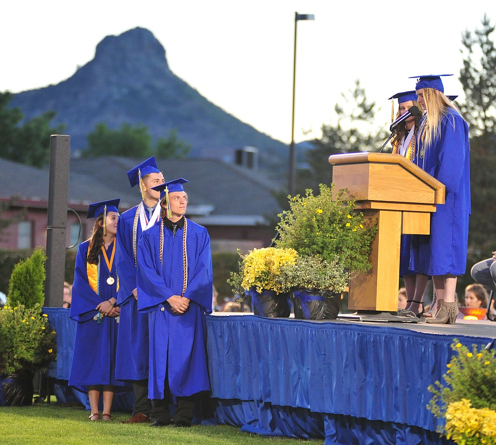 Student body and senior class officers speak during the 2018 Prescott High School Commencement Ceremony at the school Friday, May 25, 2018. (Les Stukenberg/Courier)