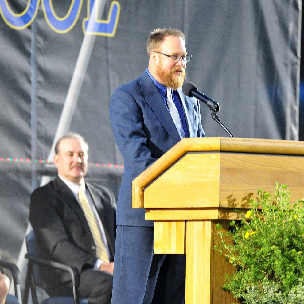 Superintendent Joe Howard speaks during the 2018 Prescott High School Commencement Ceremony at the school Friday, May 25, 2018. (Les Stukenberg/Courier)
