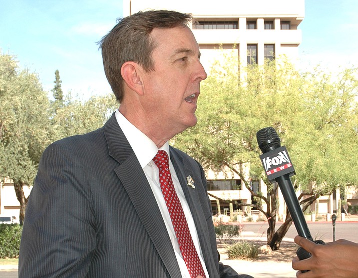 Republican Ken Bennett, in front of the Arizona Capitol tower on April 21, 2018, will challenge Gov. Doug Ducey in the GOP gubernatorial primary Aug. 28. (Howard Fischer/Courtesy, file)