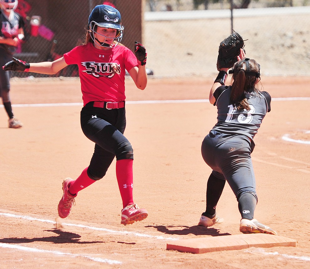 Verde Valley Heat Elite 14U's Marissa Vocca makes the play at first at the Schools Out for Summer NSA fastpitch girls softball tournament at Pioneer Park in Prescott Saturday, June 2, 2018. (Les Stukenberg/Courier)