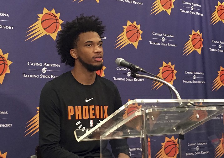 Marvin Bagley III speaks after his individual workout with the Phoenix Suns on Friday, June 8, 2018, in Phoenix. (Bob Baum/AP)